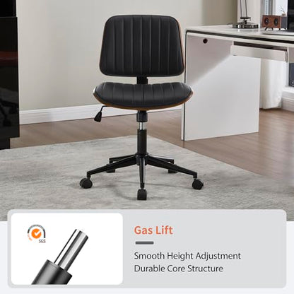 VipDesk Small Home Office Chair - Armless Mid Back Desk Chair with 360° Swivel and Wheels, PU Upholstered Height Adjustable Modern Walnut Computer Chair for Home, Office Meeting Room - Black - color: Black, size: Classic