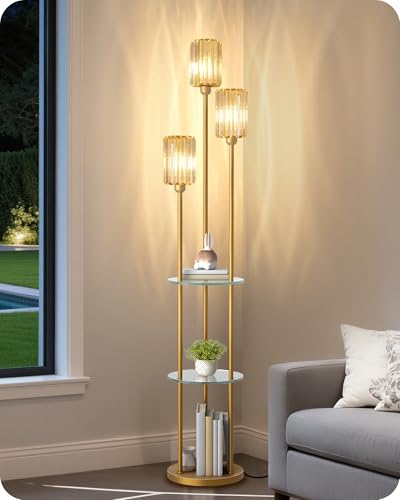 Gold Floor Lamp with Shelves, Modern Floor Lamp with 3 Crystal Shades and Foot Switch, 3-Light Standing Lamp with 3 Shelves, for Living Room, Bedroom, Study, Office, Gold D53LD05 - color: Gold + Crystal Glass