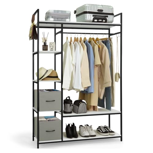CAPHAUS 979lbs Capacity Garment Rack for Hanging Clothes, Heavy Duty Open Wardrobe w/Hanging Rods & Fabric Drawers, Free Standing Closet Organizer, Metal Closet Rack w/White Wooden Shelves - color: White, size: 48 Inch