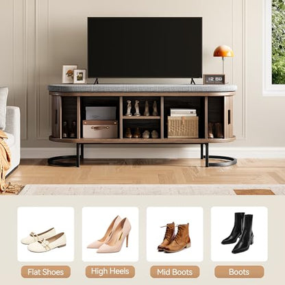 Decofy 47.2'' Entryway Storage Bench Seat with Sliding Door, Large Shoe Bench with Sturdy Metal Feet & Soft Cushion, Multi-Scene Use for Entrance, Bedroom & Living Room（Walnut） - color: Walnut