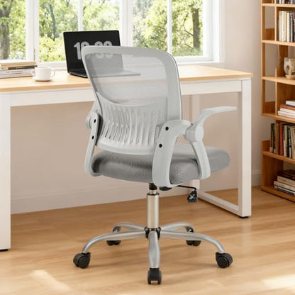 Sweetcrispy Computer Desk Chair, Home Office Chair, Lumbar Support | Flip Up Armrest, Adjustable Height, 360° Swivel Wheels, Ergonomic Mesh Mid-Back, Comfy Arms Bedroom Study - color: Grey, size: 23.22 Inch