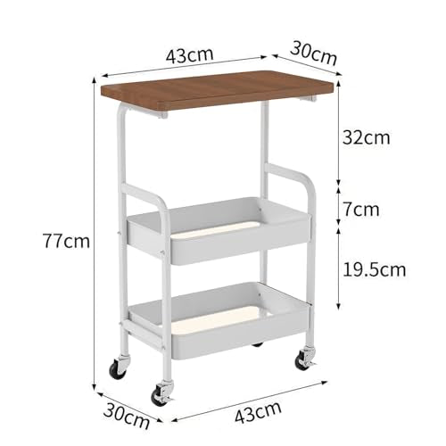 3-Tier Rolling Utility Cart with Drawers, Solid Wood Tabletop Metal Storage Cart, 360° Swivel Wheels & 2 Lockable Casters, Lightweight Mobile Organizer Trolley for Kitchen Living Room Bathroom - color: White.b