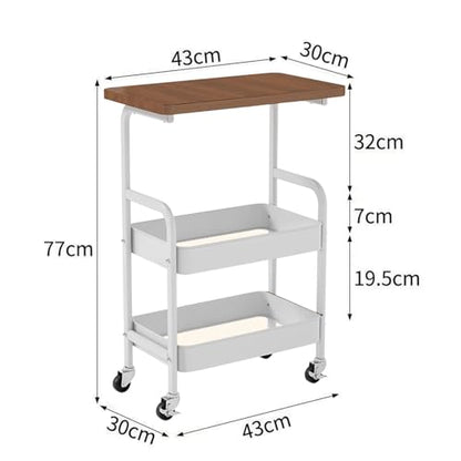 3-Tier Rolling Utility Cart with Drawers, Solid Wood Tabletop Metal Storage Cart, 360° Swivel Wheels & 2 Lockable Casters, Lightweight Mobile Organizer Trolley for Kitchen Living Room Bathroom - color: White.b