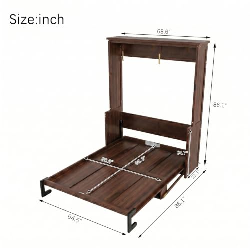 SOFTSEA Queen Size Murphy Wall Bed Frame with Desk, Walnut | Space-Saving Hidden Wall Bed with Desk, Gas Struts, Vertical Murphy Bed Cabinet for Guest Room Home Office - color: Walnut