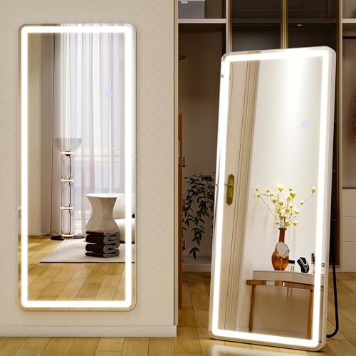 60"x16" LED Full Length Mirror – Standing Floor Mirror with Dimmable Lights 3 Color Modes – Adjustable Brightness, Wall-Mount or Lean for Barber, Fitness Center, Dressing Room, Vanity - size: 60"L x 16"W