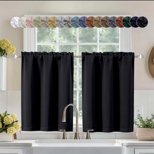 Aiyufeng Halloween Black Short 36 Inches Blackout Curtain 2 Panels Set, Half Window Rod Pocket Privacy Curtain Tiers for Kitchen, Curtains Blackout for Bathroom Shades, W40 x L36 Inch, Black - color: Black, size: 40"W x 36"L (Pack of 2)