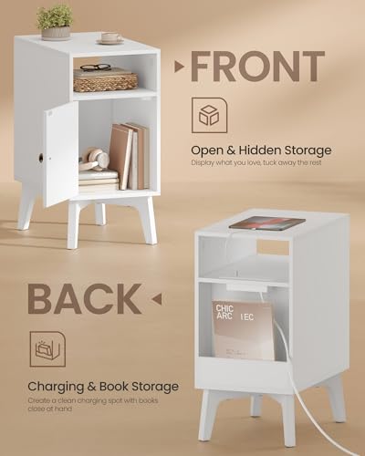 VASAGLE MAEZO Collection - End Table with Charging Station, Narrow Side Table, Nightstand with Tapered Legs, Curved Transitions, for Small Spaces, Bedroom, Cloud White ULET329W101S - color: Cloud White