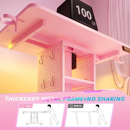 SEDETA Small Standing Gaming Desk, 31.5" Rolling Computer PC Desk Electric Height Adjustable with Power Outlet, Pegboard & Storage Shelves, LED Light, for Small Spaces/Bedroom/Gaming/Girl Room, Pink - color: Pink