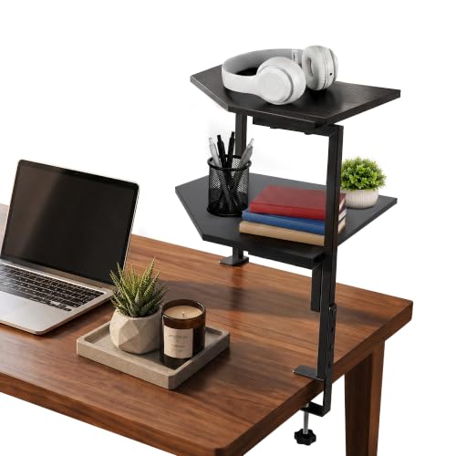 2-Tier Clamp on Desk Shelf Adjustable Desktop Storage Desk Rack | Wood Clamp on Desk Organizer Shelf, Floating Corner Shelf for Desk Accessories and Gaming Devices