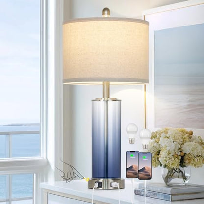 Ruzectt 26" Glass Table Lamp Single, 3-Way Dimmable Touch Control Living Room Lamp with USB C+A Ports & AC Outlet, Coastal Bedside Lamps, Bedroom Lamps for Nightstand Side End Table Desk, Blue-1PK - color: Blue-1PK