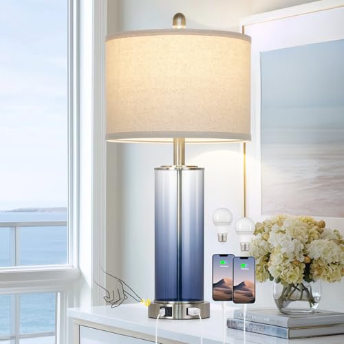 Ruzectt 26" Glass Table Lamp Single, 3-Way Dimmable Touch Control Living Room Lamp with USB C+A Ports & AC Outlet, Coastal Bedside Lamps, Bedroom Lamps for Nightstand Side End Table Desk, Blue-1PK - color: Blue-1PK