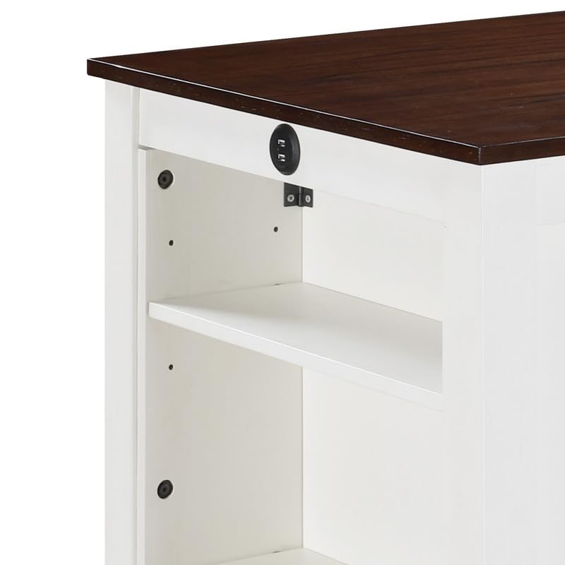 Lilola Home Graham 3-Piece White Finish Small Space Counter Height Dining Set with USB Charging Ports, Storage Shelves, and 2 Cream Upholstered Chairs — Compact Dining Furniture for Apartments - color: White