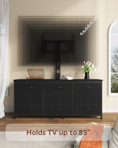 TV Stand with Mount for 32/55/65/75/85 inch TVs, Entertainment Center with 9 Fabric Drawers Dresser Storage, Height Adjustable Media Console - color: Black