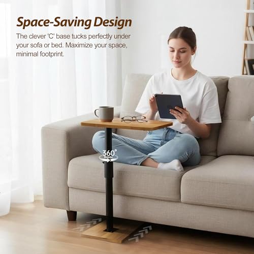 Couch Tray Table Adjustable Height/360 Swivel TV End Desk Sofa Armrest Side C Shaped Tables for Bed Stand Recliner Bedside Small Spaces, Living Room Bedroom, Portable Dining Desk for Coffee Eating