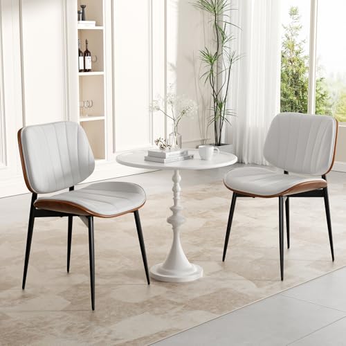 Dining Chair, Mid Century Modern Dining Room Chairs, Upholstered Faux Leather Kitchen Chairs with Walnut Bentwood Back and Metal Legs for Kitchen Dining Room Living Room, White - color: White, size: Set of 1