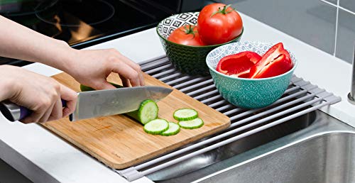 20.5 x 13.1 Inch Roll-Up Dish Drying Rack, Fits Across Sink Openings up to 19.5 Inches, Heavy-Duty Premium Silicone, Strong Support, Non-Slip, Heat-Resistant, Warm Gray - size: 20.5" x 13.1"