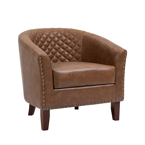 Faux Leather Accent Chair, Modern Barrel Club Chair, Brown | Comfy Upholstered Armchair for Living Room, Round Club Chair Single Sofa Bedroom Reading Seat | 26"D*29"W*29"H - color: Brown