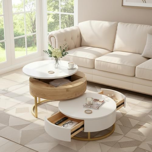 Modern Round Lift-top Nesting Coffee Tables with 2 Drawers for Living Room White & Natural - color: Oak Natural Wood + Antique White