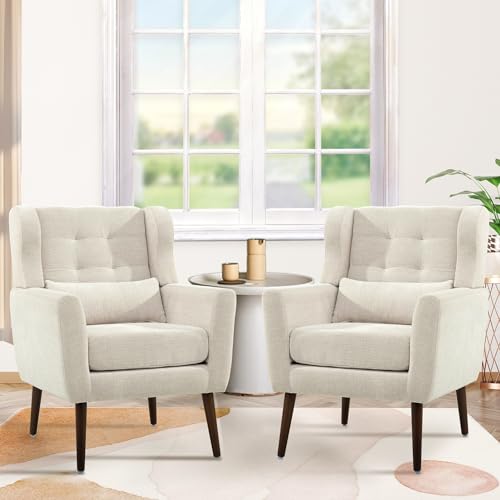Modern Accent Chair, Upholstered Armchair with Pillow, Fabric Single Sofa Chair with Lounge Seat and Wood Legs Accent Chair for Living Room Bedroom Small Spaces (Beige, Set of 2) - color: Beige, size: Set of 2