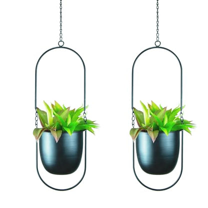 Modern Metal Hanging Planters with 6 Inch Pots and Sleek Chains - Set of 2 Oval Geometric Plant Hangers - Black Wall and Ceiling Mount Flower Holders for Indoor Décor - size: OVAL-6 INCH POT-V2