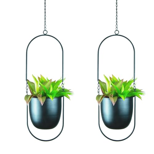 Modern Metal Hanging Planters with 6 Inch Pots and Sleek Chains - Set of 2 Oval Geometric Plant Hangers - Black Wall and Ceiling Mount Flower Holders for Indoor Décor - size: OVAL-6 INCH POT-V2