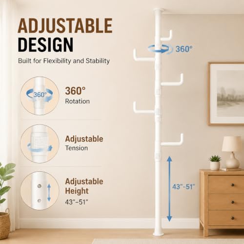 Floor to Ceiling Clothes Drying Rack, Adjustable Tension Pole Laundry Rack for Balcony. Vertical Coat Hanger Stand for Bathroom Bedroom, No Drilling Easy Install Space Saving (White) - color: White