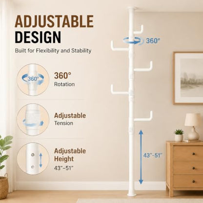 Floor to Ceiling Clothes Drying Rack, Adjustable Tension Pole Laundry Rack for Balcony. Vertical Coat Hanger Stand for Bathroom Bedroom, No Drilling Easy Install Space Saving (White) - color: White