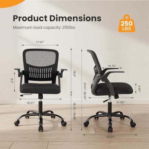 Sweetcrispy Computer Desk Chair, Home Office Chair, Lumbar Support, Black | Flip Up Armrest, Adjustable Height, 360° Swivel Wheels, Ergonomic Mesh Mid-Back, Comfy Arms Bedroom Study - color: Black, size: 18.31"D&Flip-up Arms