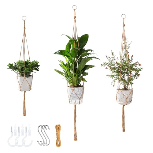 3 Pack Macrame Plant Hanger Indoor, 35 41 47 Inch Handmade Boho Hanging Planter Basket with Screw Hooks S-Hooks and Extension Rope for Indoor Plants Home Decor (POTS NOT Included) (Brown) - color: 2brown