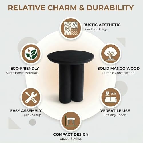 Relso Gaia Round End Table for Living Room and Bedroom, Solid Mango Wood Side Table or Nightstand, Black Finish, Compact Rustic Design, Boho Modern Farmhouse Style - color: Gaia-black