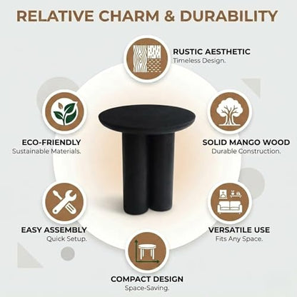 Relso Gaia Round End Table for Living Room and Bedroom, Solid Mango Wood Side Table or Nightstand, Black Finish, Compact Rustic Design, Boho Modern Farmhouse Style - color: Gaia-black