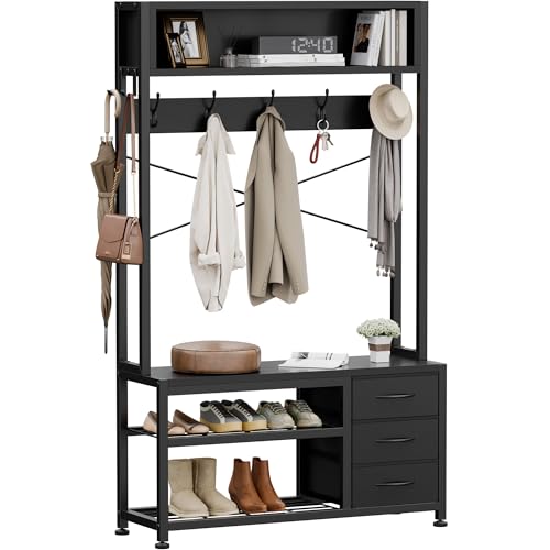 Hall Tree with Bench and 3 Drawers Storage, 31.5" Coat Rack Freestanding | Black, 6-in-1, Top Cubby, 12 Coat Hooks, Adjustable Shoe Rack, Sturdy Metal Frame, Entryway Organizer - color: Black, size: 31.5"W