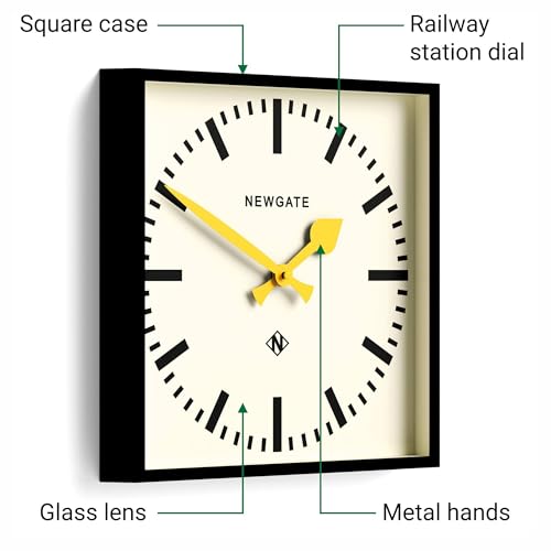 NEWGATE® Number Five wall Clock | Square Retro Inspired Modern Station Clock | 16" | Black with Yellow Hands | Mid-Century Style for Kitchen, Living Room or Office - color: Yellow