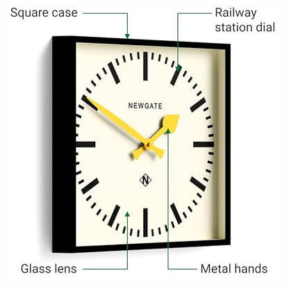 NEWGATE® Number Five wall Clock | Square Retro Inspired Modern Station Clock | 16" | Black with Yellow Hands | Mid-Century Style for Kitchen, Living Room or Office - color: Yellow
