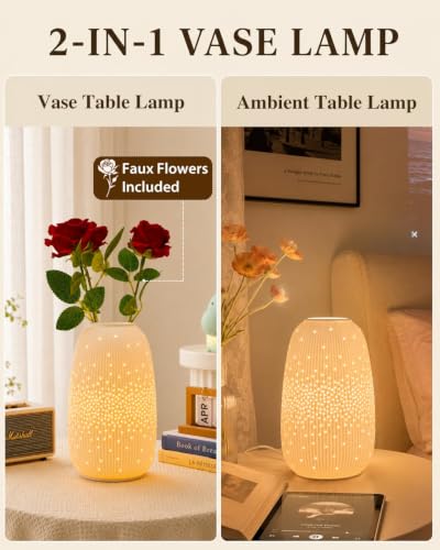Ceramic Vase Table Lamp, 2700K Bulb & 3 Artificial Flowers Included | Handmade Openwork Craft - Inline Switch - E12 Socket - Starry 9.3" - style: Starry
