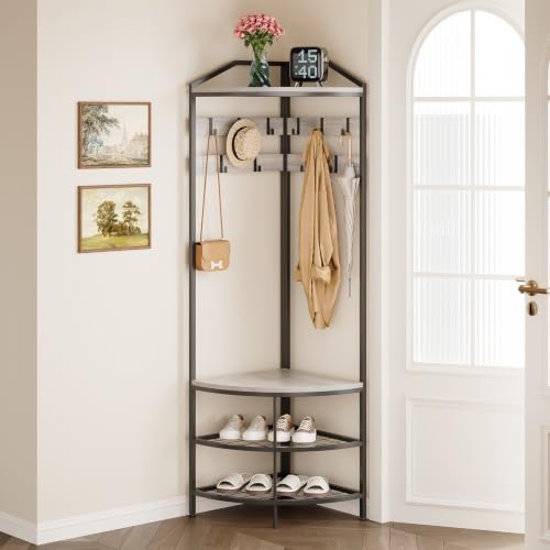 GiftGo Grey Corner Hall Tree with Shoe Bench Entryway Coat Rack with 10 Metal Movable Hooks Rustic Farmhouse Floorstanding Clothes Rack Shoes Shelf Organizer for Home Office Bedroom (Greige) - color: Greige