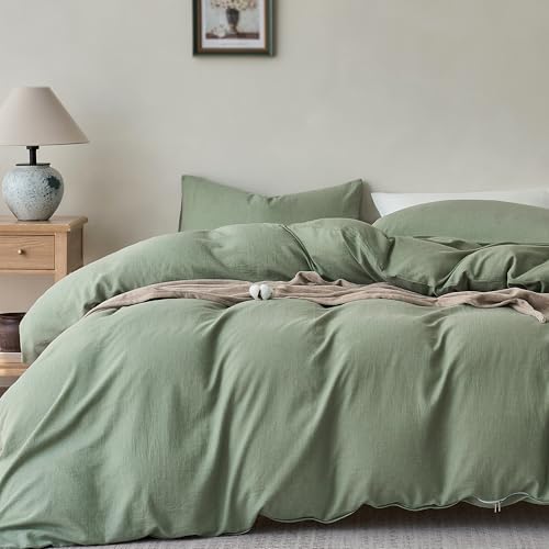 JELLYMONI 100% Cotton Twin Duvet Cover Set, Washed Linen-Like Texture | Pre-Shrunk, with Natural Wrinkles, Wide Zipper Opening, Colorfast, 8 Reinforced Ties,1 Duvet Cover&1 Pillowcase - color: 02- Sage Green, size: Twin(68"×90")