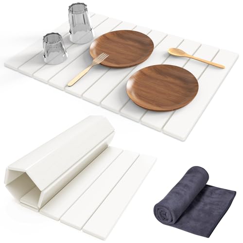 Stone Dish Drying Mat for Kitchen Counter,24"(L)×16"(W) Collapsible Fast-Drying Diatomaceous Earth Mats with Towel Sanding Tool,Versatile Stone Drying Mats for Cups Dishes Bottles - color: Solid-White, size: 24"L x 16"W