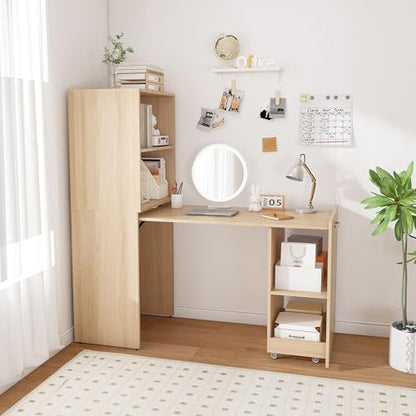 HRVEOCEI Bamboo Fold Out Desk with Storage, Mid Century Hideaway Desk for Small Spaces, Folding Computer Desk for Home Office Bedroom Apartment, Space Saving (Natural Wood) - color: Natural Wood