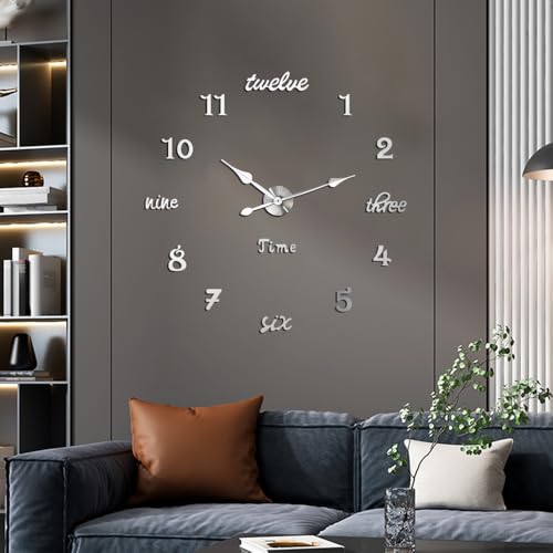 Modern Frameless Large Wall Clock Battery Operated 3D Mirror Big DIY Decorative Wall Clocks for Living Room Decor (Silver) - color: Silver