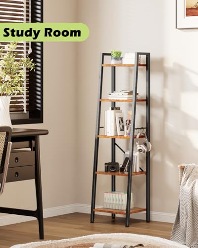 Furologee 5 Tier Ladder Shelf Bookcase, Tall Narrow Bookshelf with 2 Hooks, Rustic Brown Bathroom Corner Book Shelf, Metal Wood Book Case Standing Unit, Display Shelf for Living Room Office Kitchen