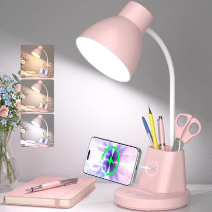 10W Wireless Charging LED Desk Lamp with Pen Holder, CRI 95, Pink | 800LM, 3 Modes, 360°Flexible Arm, Touch, Brightness, Table Lamp for Home Office, Dorm, Bedside, Study, Reading, with Adapter - color: Pink