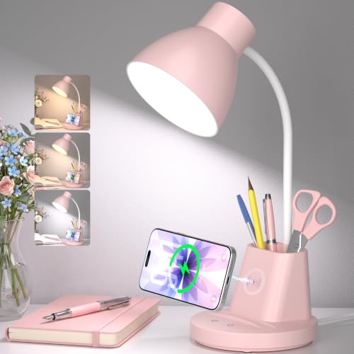 10W Wireless Charging LED Desk Lamp with Pen Holder, CRI 95, Pink | 800LM, 3 Modes, 360°Flexible Arm, Touch, Brightness, Table Lamp for Home Office, Dorm, Bedside, Study, Reading, with Adapter - color: Pink