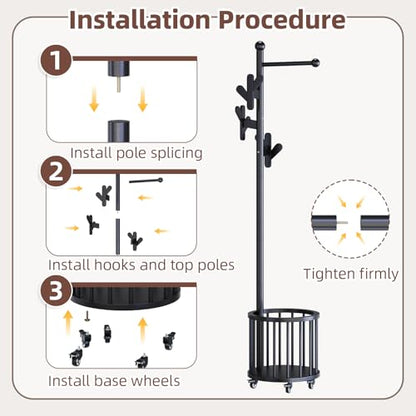 CozyDH Wooden Coat Rack Stand with Umbrella Holder and Wheels, Freestanding Hall Tree Coat Hanger with Multi Hooks, Heavy Duty Coat Tree for Entryway Bedroom Hallway Office，Black - color: Black, size: Round-15.7D×15.7W×72.8H