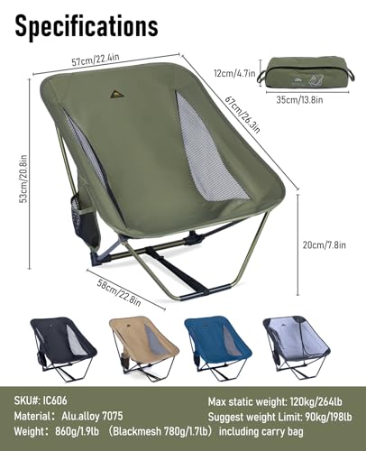 Low Ultralight Compact Folding Chair (Green) | with Side Pocket and Carry Bag, for Camping Backpacking Hiking - color: Green