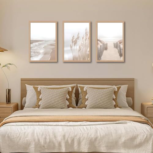 skysoon Neutral Beach Wall Art Set of 3, Boho Coastal Ocean Canvas Prints | coastal bathroom wall art Natural Wilderness Seascape Painting Set for Living Room Bedroom Office 16x24 Inch - color: River, size: 16x24 Inch