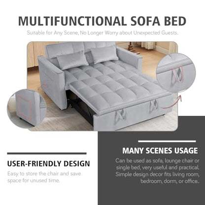 3 In 1 Velvet Convertible Sofa Bed, Pull Out Couch Bed with Reclining Backrest And 2 Pillows, 54" Full Size Loveseat Sleeper Sofa Futon Couch Beds, Couches For Small Spaces, Living Room (Silver Grey) - color: Silver Grey