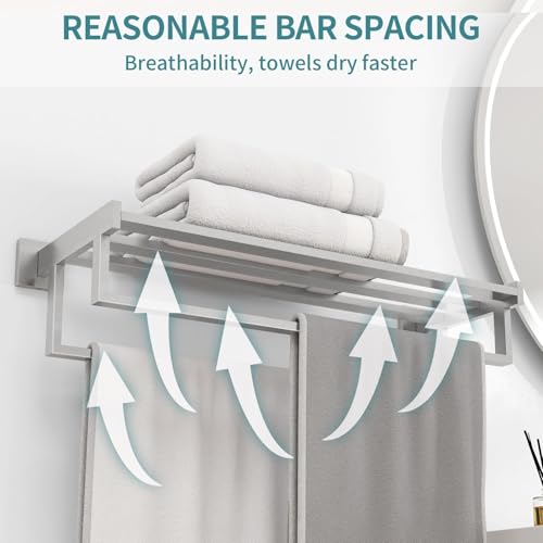 STWWO Double Towel Racks for Bathroom Wall Mounted, 24 Inch, Brushed Nickel | Double Towel Bar with Shelf, Dual Towel Rack with Shelf, Stainless Steel Hand Towel Hanger, Bath Towel Holder for Wall - color: Brushed Nickel