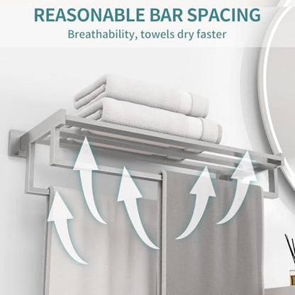 STWWO Double Towel Racks for Bathroom Wall Mounted, 24 Inch, Brushed Nickel | Double Towel Bar with Shelf, Dual Towel Rack with Shelf, Stainless Steel Hand Towel Hanger, Bath Towel Holder for Wall - color: Brushed Nickel
