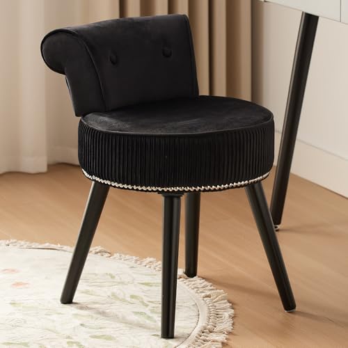 Small Black Vanity Chair with Back, Velvet Vanity Chair | Low Backrest Silvery Nailhead Trim, Round Vanity Seat for Bedroom and Bathroom Makeup, Support 220lbs, Easy Assembly (Black) - color: Black